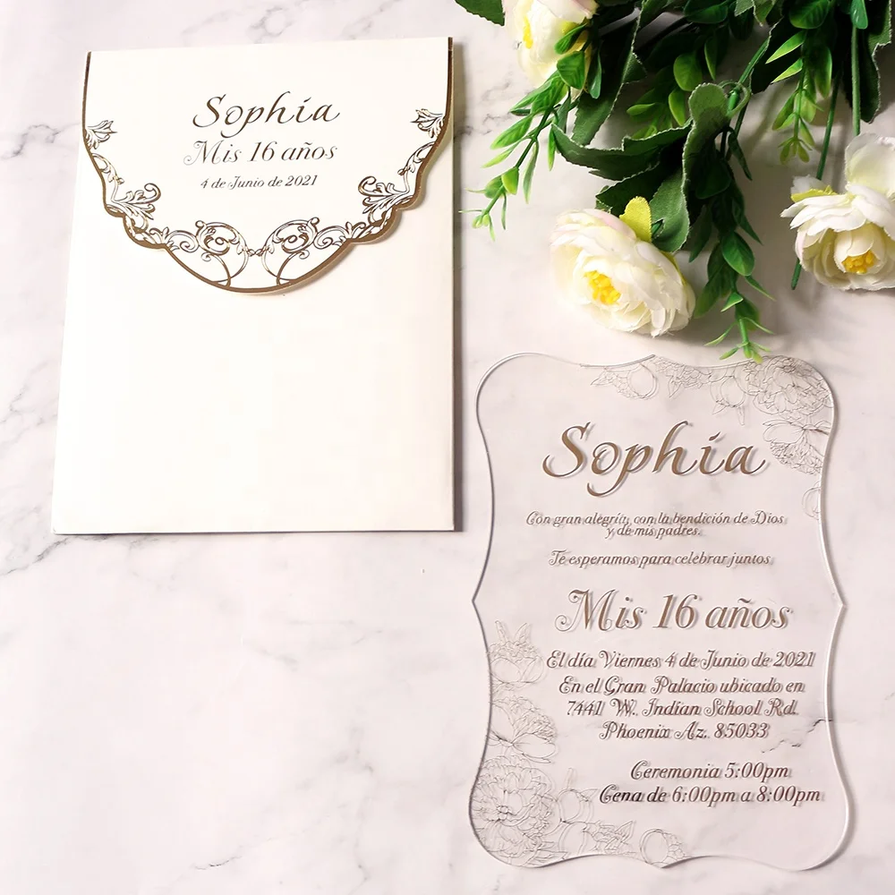 Premium Elegant Style White And Gold Theme 5*7 Inches Clear Acrylic Card Paper Envelopes Wedding Invitations Collection