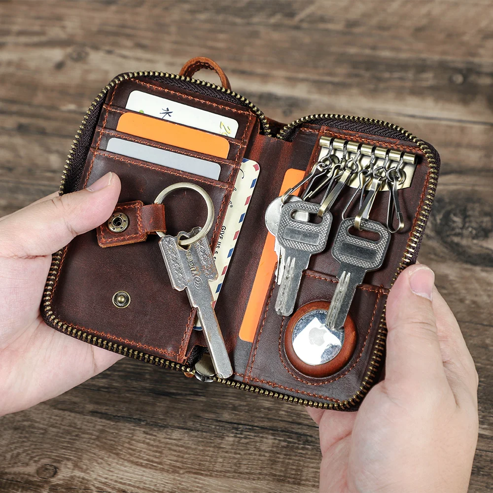 Custom Full Grain Oil Leather Multi-Functional Car Key Holder Wallet With 3 Card Slots And 1 Air tag Slot Mini Key Bag