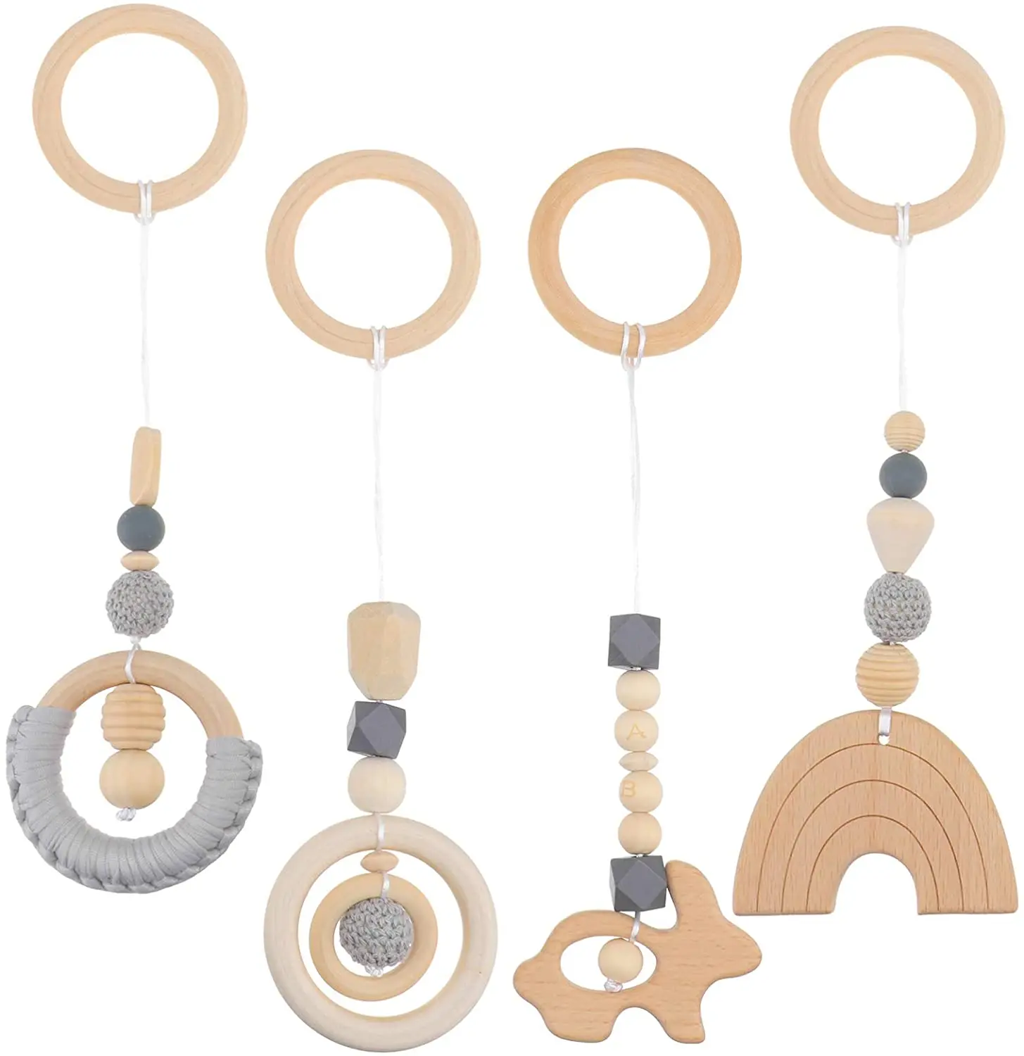 Winning New Woolen Beads Baby Room Decoration Pendant Beech Wood Teether Wooden Ring Baby Toy Set