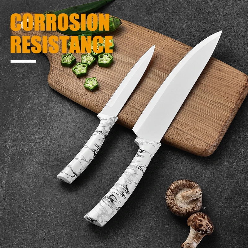 Non-Stick Coating Marble Handle 6pcs Kitchen Knife Set With Block Carving Knife Chef Knife In Color Box