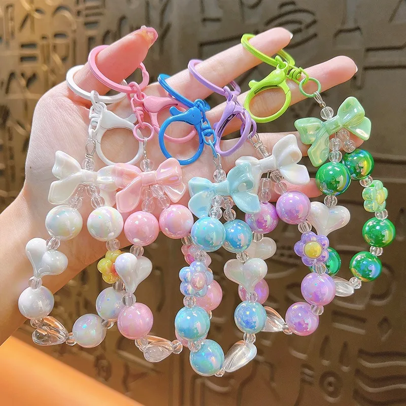 Creative Cartoon Hand Drawn Beaded Keychains Fashion Cute Fresh Candy Color Bracelet Bow Love Beads Keychain Phone Chains