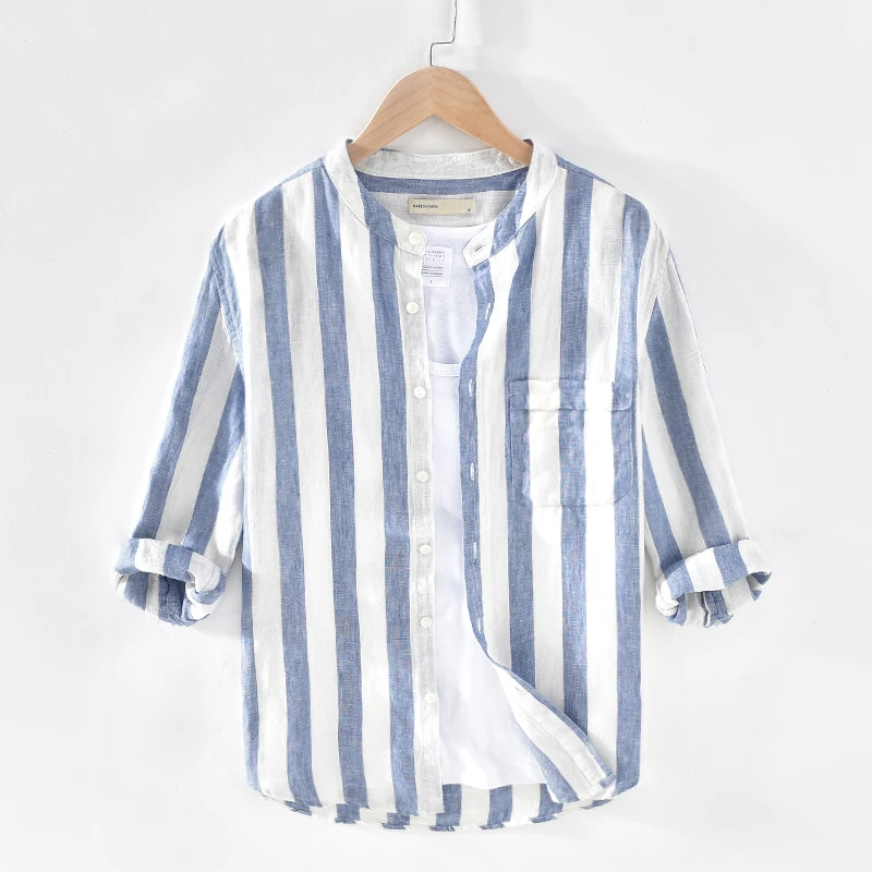 The best quality factory wholesale new 7-point sleeve linen striped casual shirt men