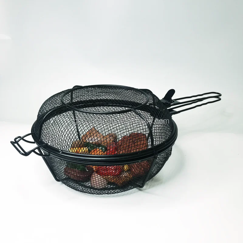 Hot Sale Food Grade Non-Stick Iron or Stainless Steel BBQ Charcoal Grill Basket Mesh with Extended Long Handle