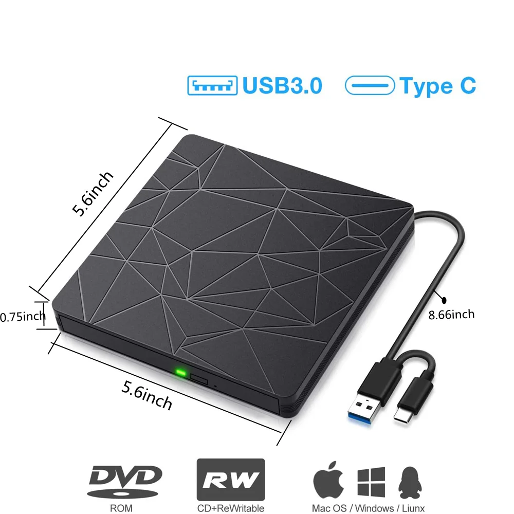 External USB 3.0/Type-C DVD RW CD Optical Drive CD/DVD-ROM CD-RW Player Burner Writer Portable Reader Recorder For Mac Laptop PC