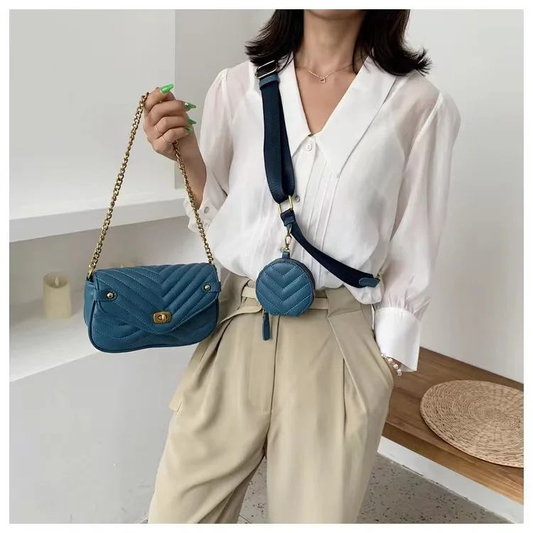 Summer new embroidery thread PU leather chain female bag two-piece set women`s shoulder bag ladies handbag women`s crossbody bag
