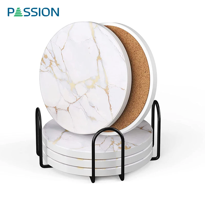 Promotional Customized set of 6 with holder Round Absorbent Ceramic Bar Coaster with Cow pattern printed and cork base