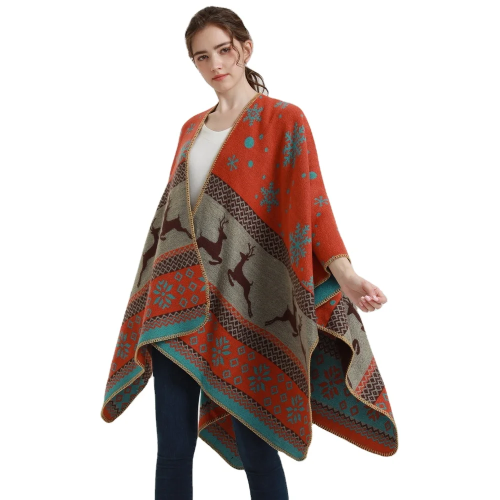 2024 New Fashion Cloak Woman Travel Photo Camping Poncho Tassels Shawl Cape Lady Coat Christmas elk snowflake pattern Autumn