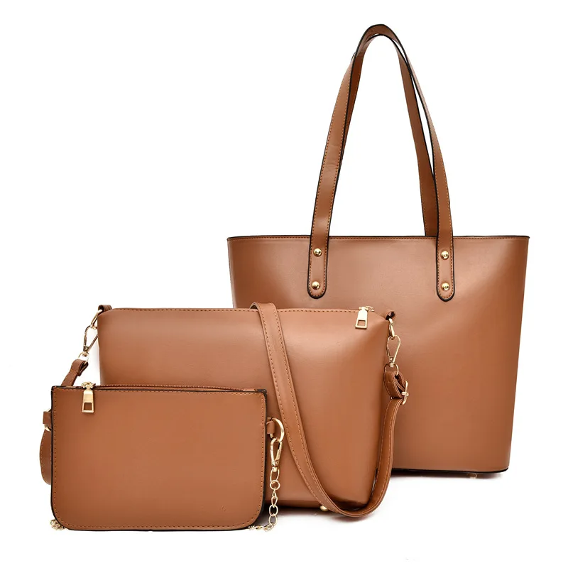 3 in 1 set High quality custom pu leather tote bag with zipper wholesale handbag