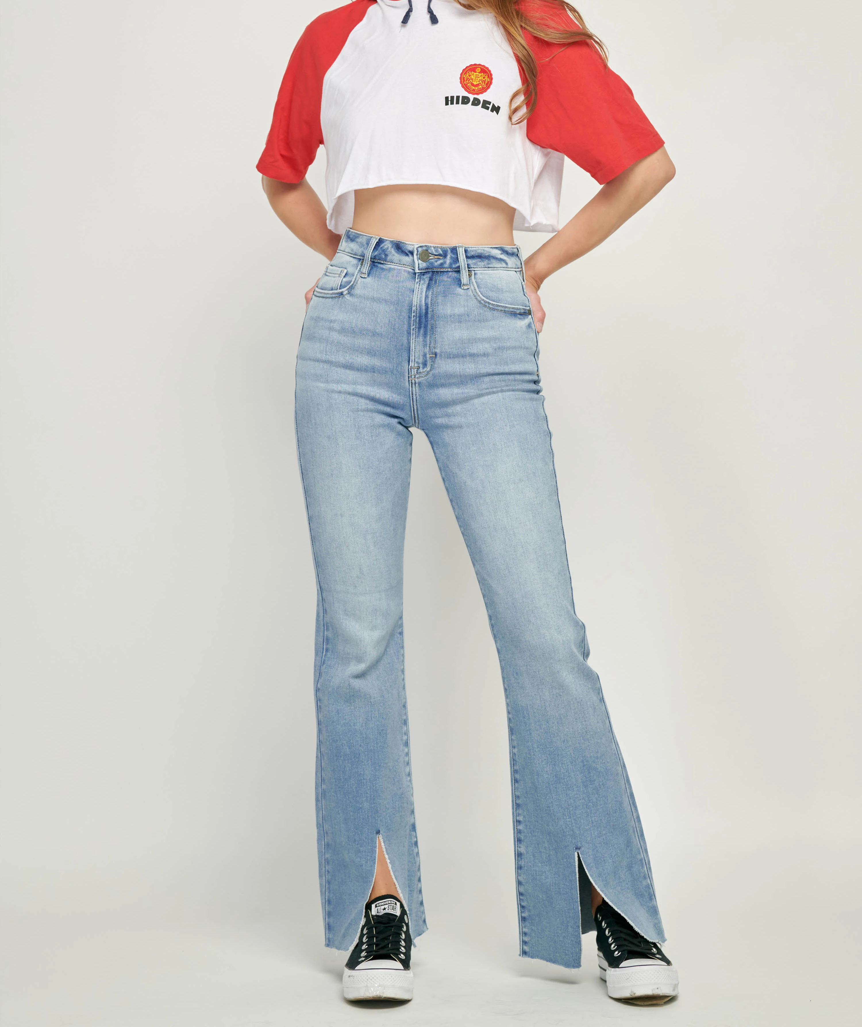 Denim Factory Wholesale High Waist Medium Wash Light Blue Women Front Slit Flare Ladies Jeans