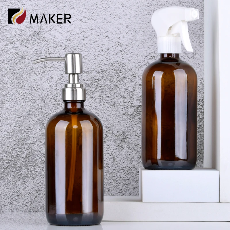 500ml amber brown boston round refillable shampoo dispenser lotion glass spray bottle with trigger sprayer pump for liquid soap