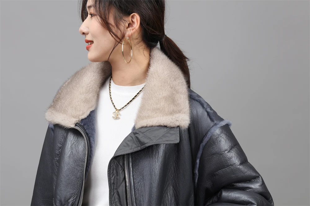 customized OEM ODM style  Winter Lady Long sheep skin Jacket mink fur Collar  down parka real Sheep fur  coat for  Women