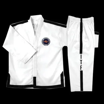 Wholesale quality Cotton Fabric itf taekwondo uniform With black strips on jacket and pants