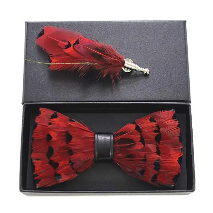 Mens Handmade Feather Pre-tied Bow tie and Brooch Sets