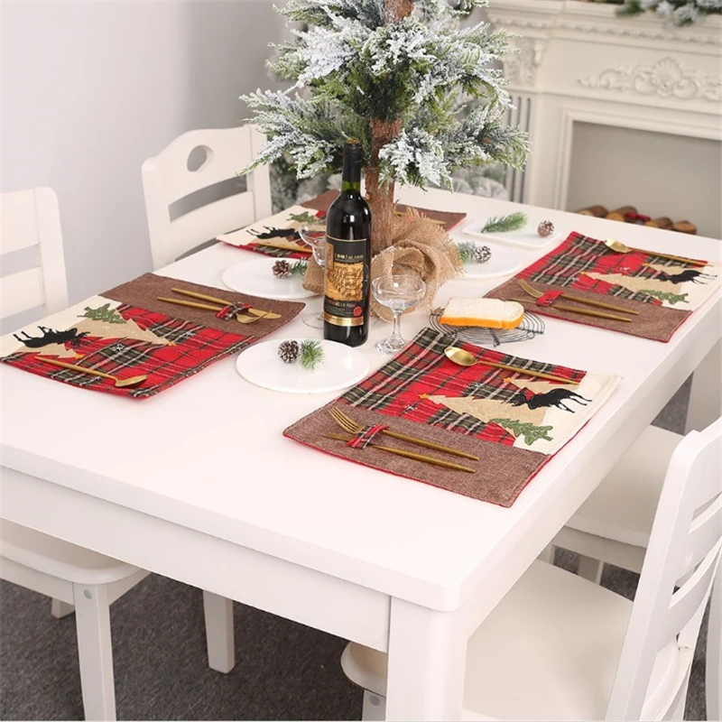 Christmas Decorations Plaid Cloth Patches Placemat Elk Tree Table Mat Potholder Knife And Fork Mat
