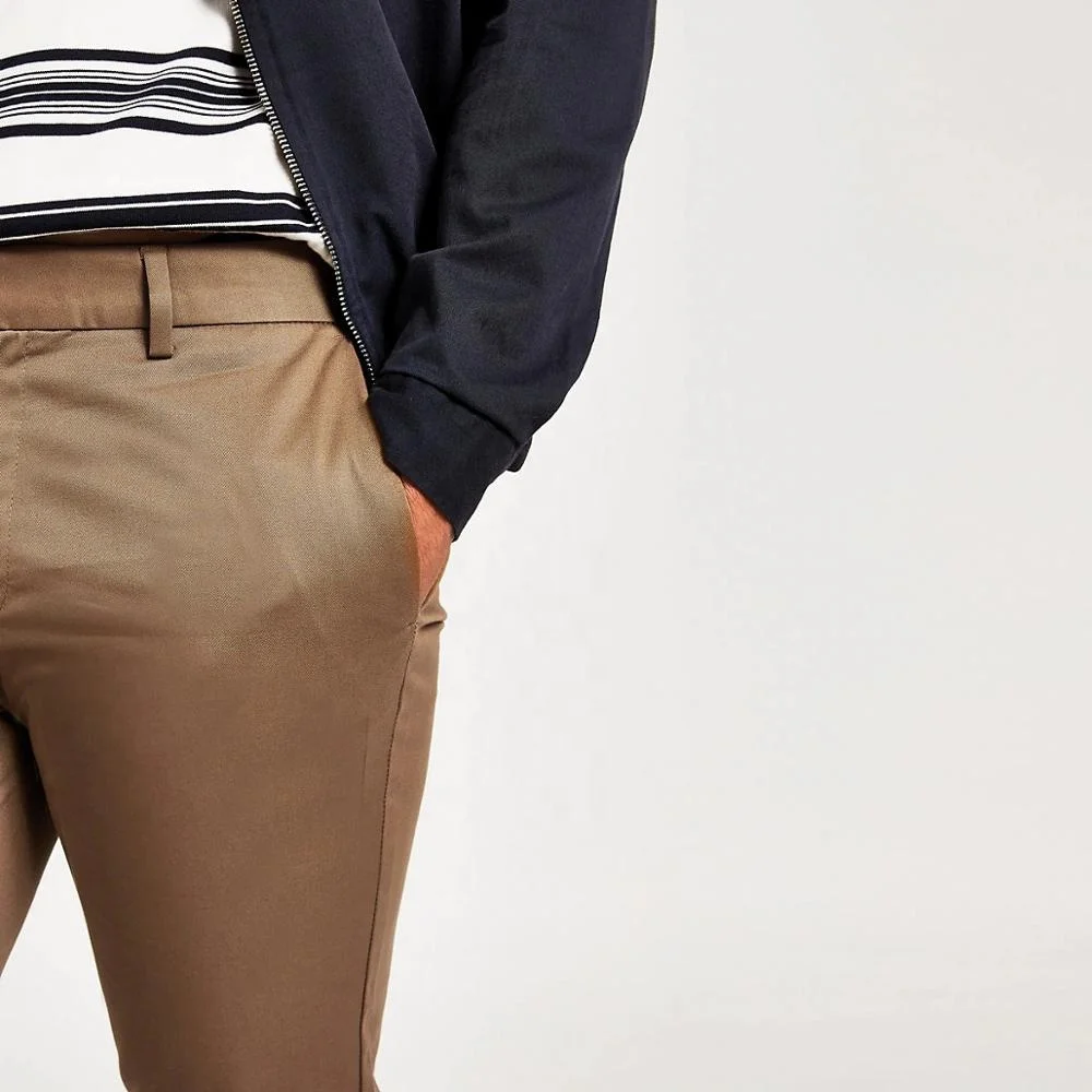 
Custom logo light brown slim fit chino trousers men skinny cotton stretch pants 