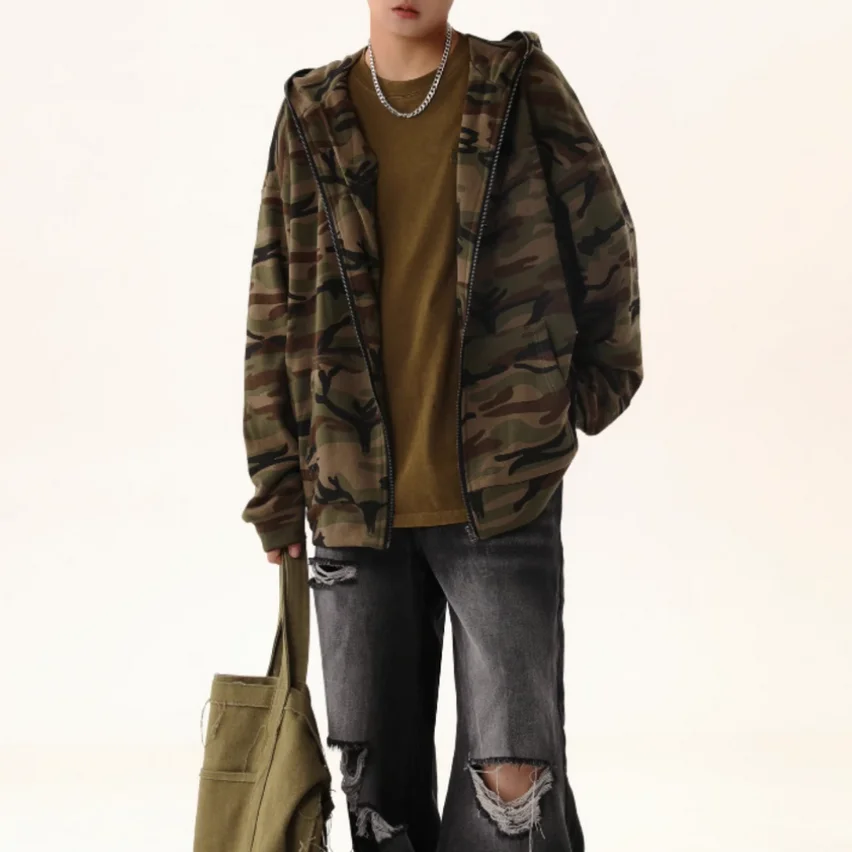 Vintage Streetwear Unisex Camouflage Hoodie Custom 100% Cotton Oversized Men Women Camouflage Zip Up Hoodie