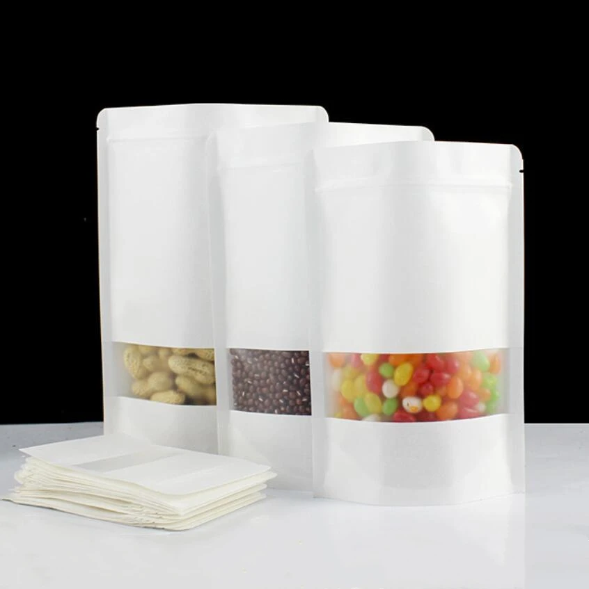 The best sell white kraft paper stand up pouch with window for food snack flour powder manufacturer