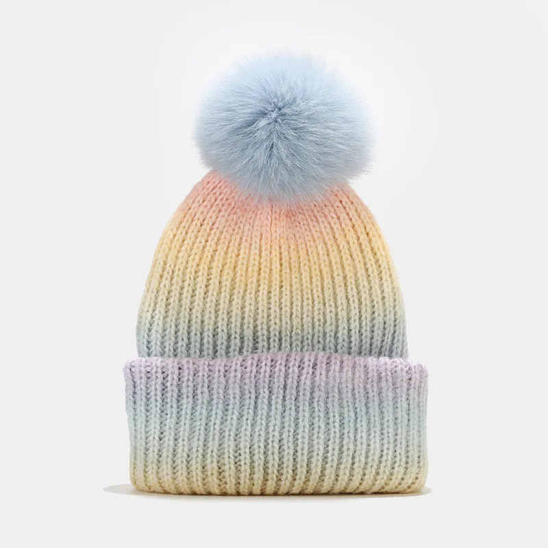 Manufacturers Custom Jacquard Knit Mohair Winter Pom Beanie Hat with Faux Pompom for Women