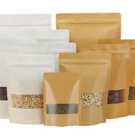 High Quality  Kraft Paper Bag with Window Food Kraft Paper Pouch With Zipper Foil Lined
