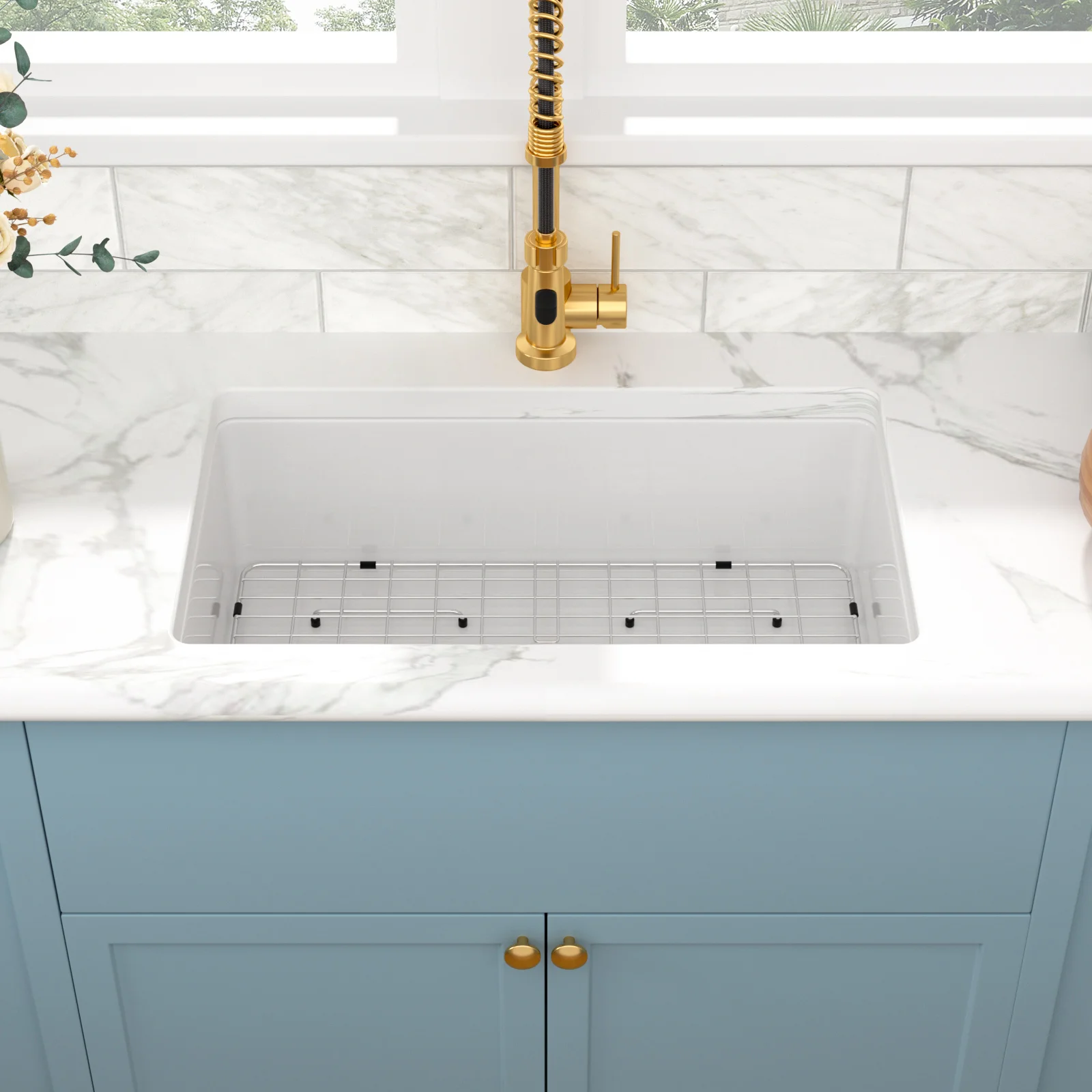 32 inch White Sink Fireclay Undermount Single Bowl Kitchen Sink Deep Drop In Farm Sink  with Modern Accessory Kit Wholesale