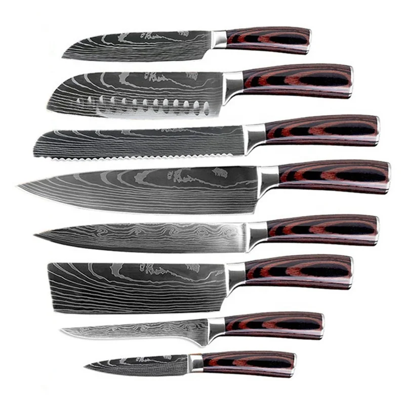 Kitchen accessories 5cr15 stainless steel damascus pattern kitchen chef knife kitchen knives set with colored wood handle