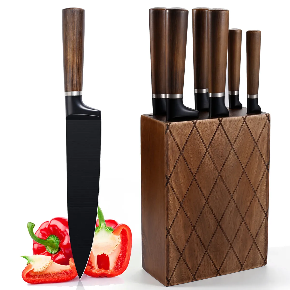 High quality germany coating professional 6pcs kitchen knives stainless steel black chef knife set with wooden block