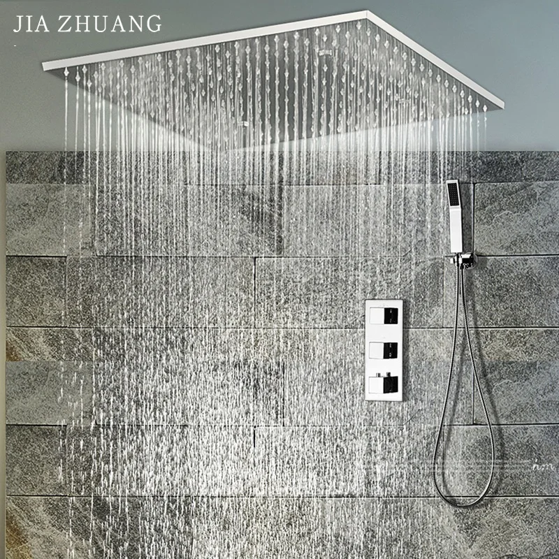 Luxury Bathroom 3 Function Thermostatic Pattern Control Ceiling Mounted Rain Mist SPA Shower Head Handle shower Set