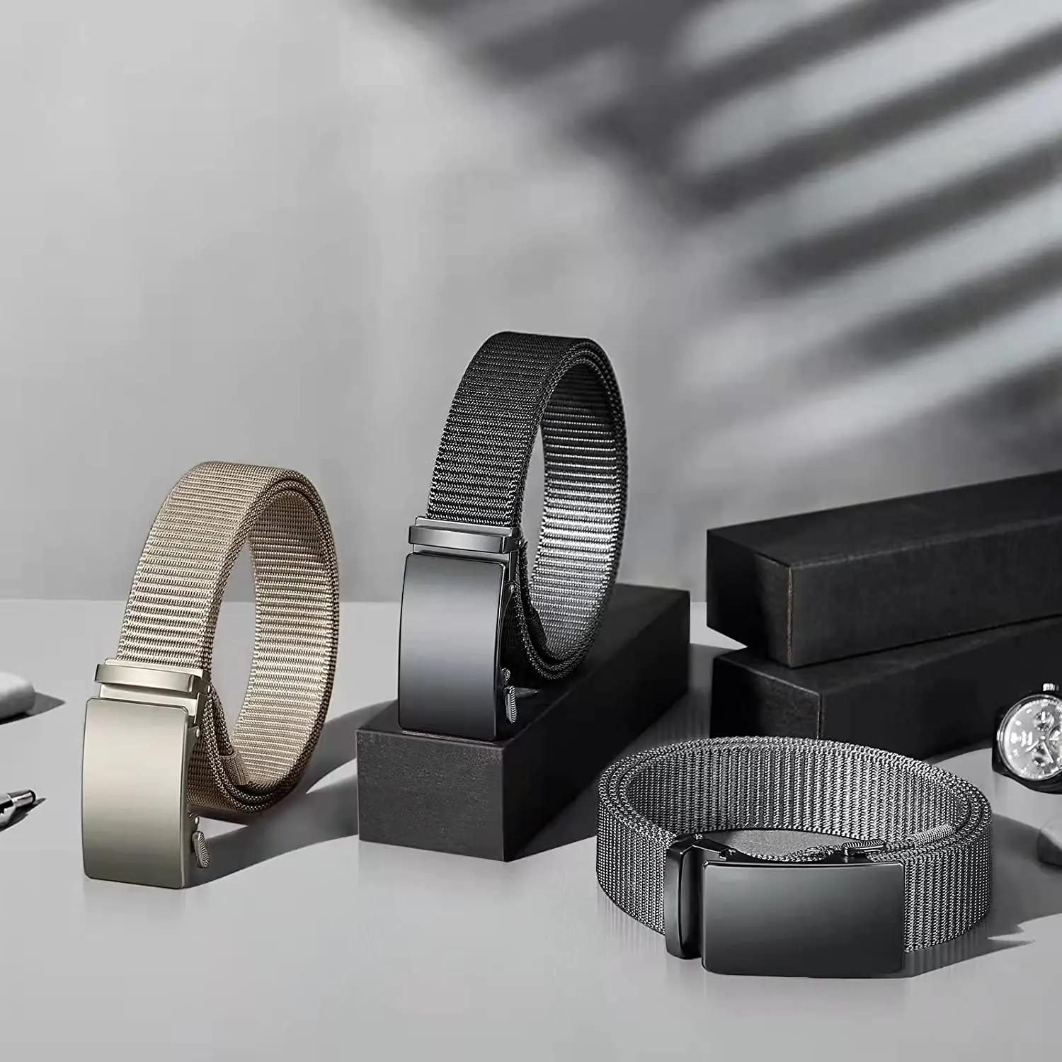 New design smooth surface treatment automatic buckle adjustable leisure Golf ratchet nylon belt