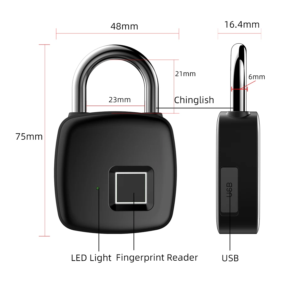 Portable  Biometric Usb Rechargeable Security Smart Fingerprint Electronic Padlock for Bags and Luggage