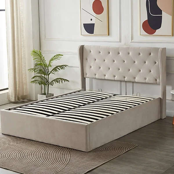 winged back wooden frame double queen king size  high quality  Handmade  ottoman gas lift leather fabric velvet storage bed
