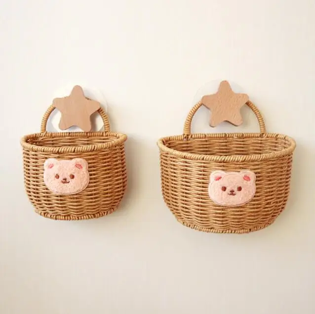Ginger garlic storage basket Cartoon bear kitchen rattan woven basket hanging storage box