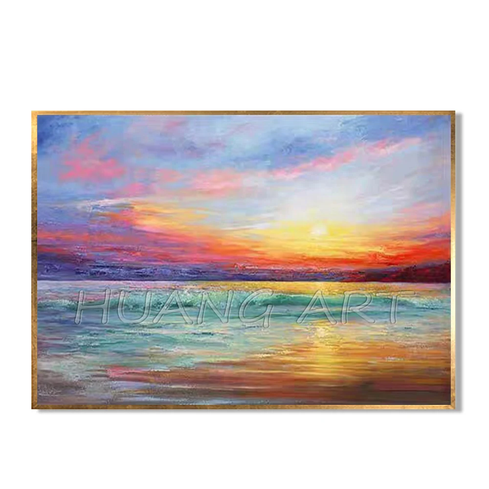 Beautiful Sunrise Sea Landscape Painting on Canvas Hand-painted Modern Colorful Sky Seascape Oil Painting for Wall Decor Picture