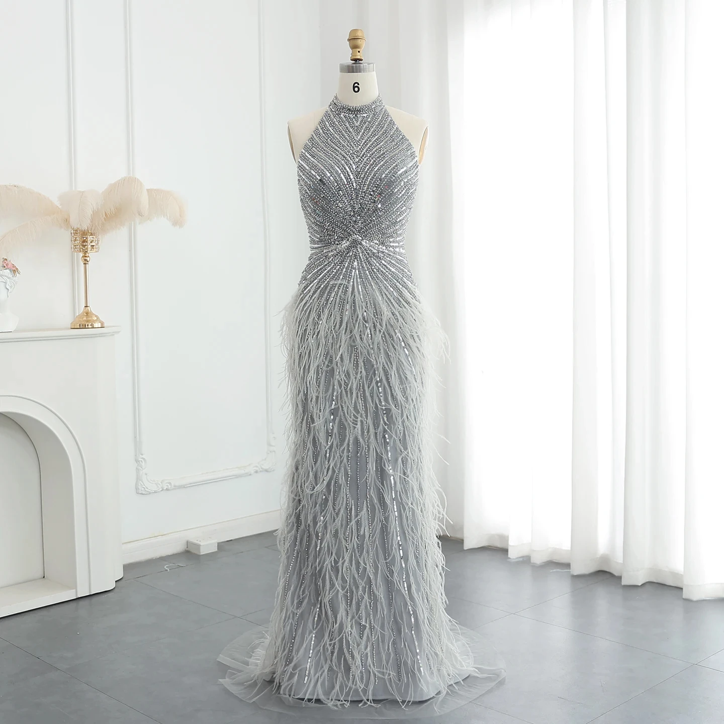 Luxury Beaded Feathers Mermaid Silver Gray Evening Dress Halter Backless Blue Beige Arabic Formal Party Gown SZ006-2