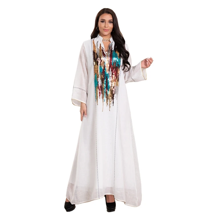 
Islamic Muslim Women Sequin Embroidery Long Sleeve Party Wear Kaftan Abaya Dress 