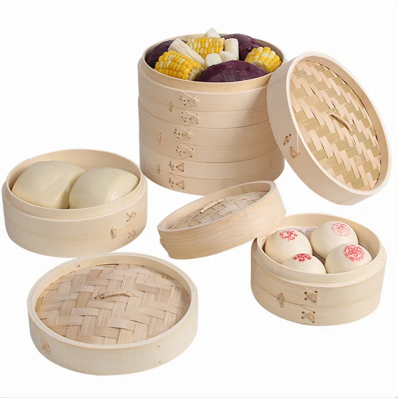 Natural 10 Inch Bamboo Steamer Basket dumpling steamer bamboo basket Stainless Steel Bands with Chopsticks and Liners
