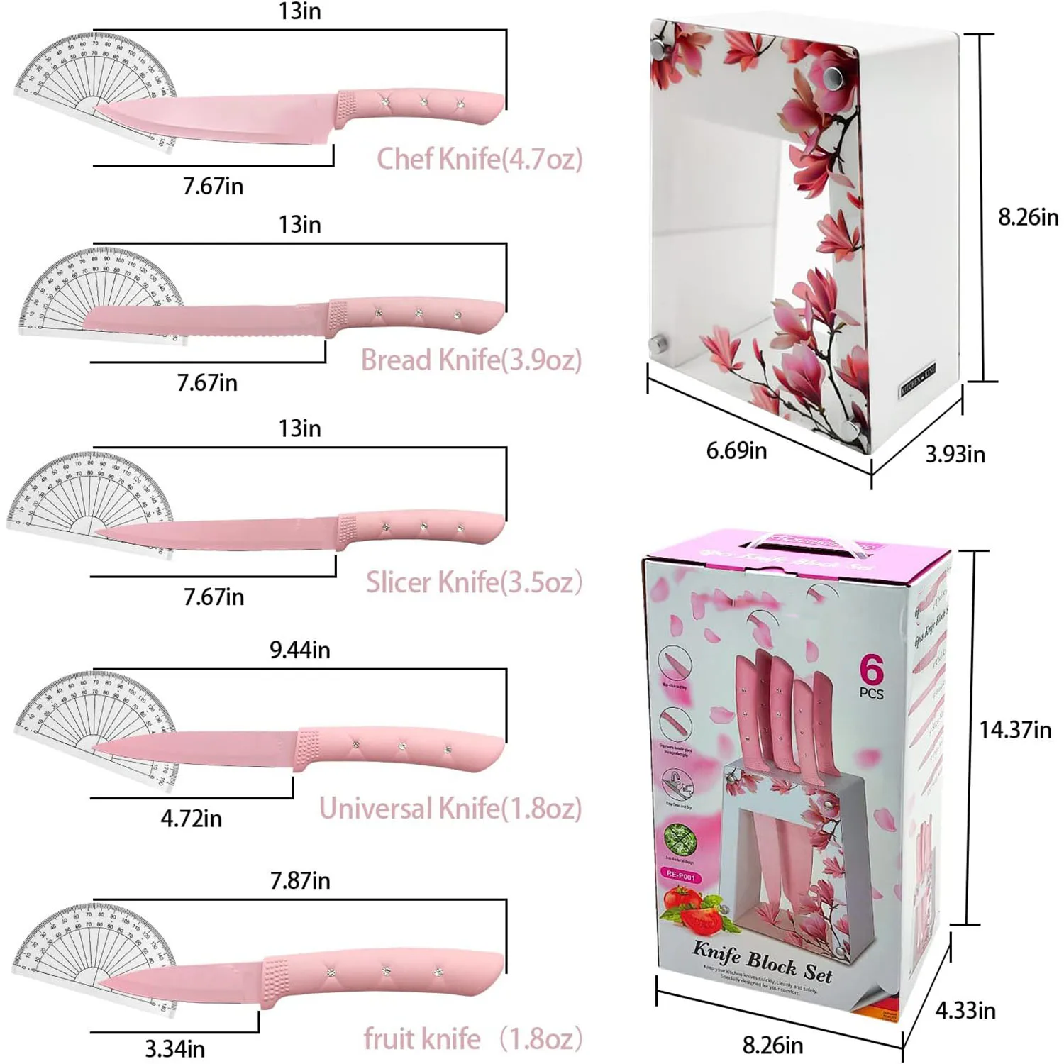 Kitchen Knife Set Pink Flower 6PC Stainless Steel Sharp Chef Cooking Non-slip Knife Set with Acrylic Stand & Block, Non-stick