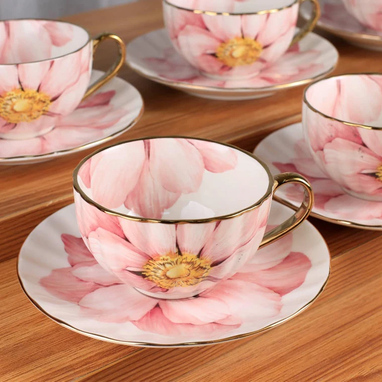 Russian 200ml modern pink printed large tea cup and saucer sets bone china royal albert floral tea cup set with gold rimmed
