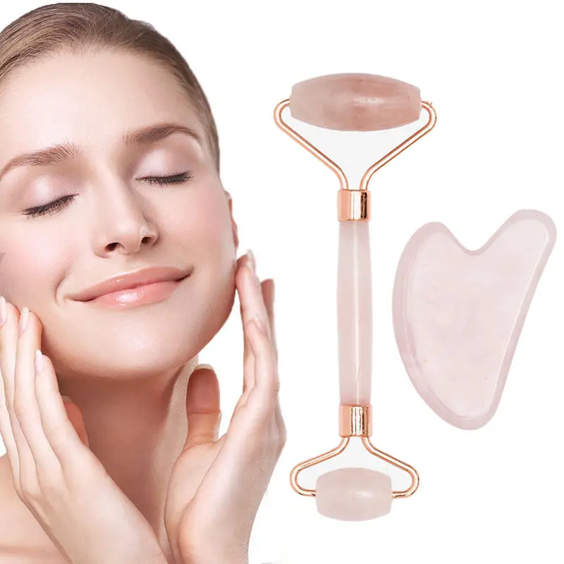 3 in 1 comb rose quartz  flower handle green jade face roller gua sha set gua sha scraping tool stein neu jade roller bulk