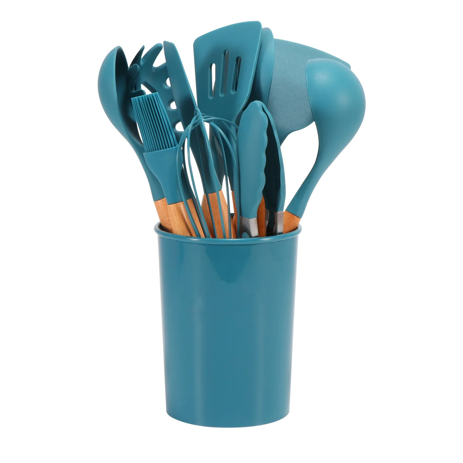 Wholesale kitchen accessories 11 pcs wood handle silicone cooking utensils set with storage bucket