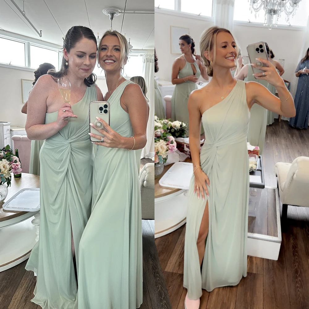 TEENYEE Casual single shoulder Pleated mesh Leg Slit Evening Dress Big Size bridesmaid Gown prom Dresses 2024