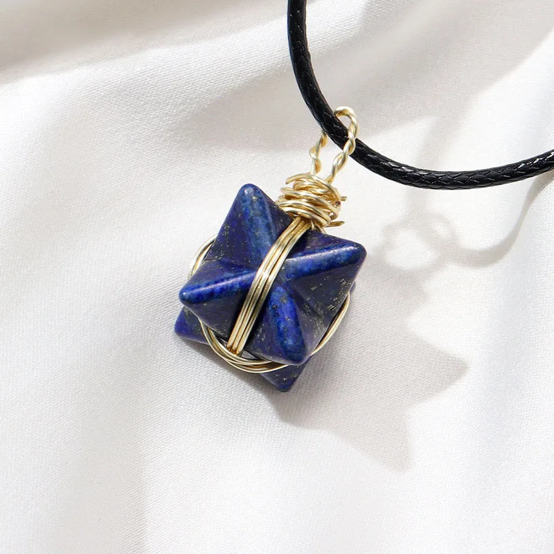 Wholesale Bulk Natural Crystal Gemstone Carved Merkaba Star Gold Wire Wrapped Merkaba Necklace Pendant