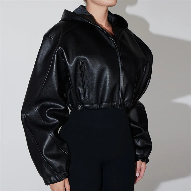 2024 Spring and Autumn Fashion Long Sleeve Zipper Short Open Navel Slim Fit Leather Jacket Hoodie