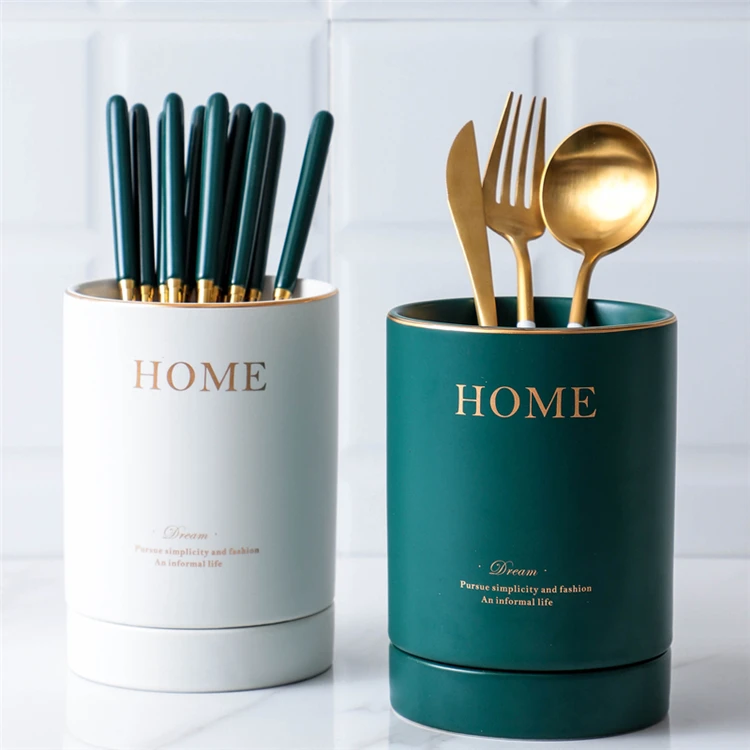 Home goods matte glazed table gold rim ceramic spoon and fork cutlery holder