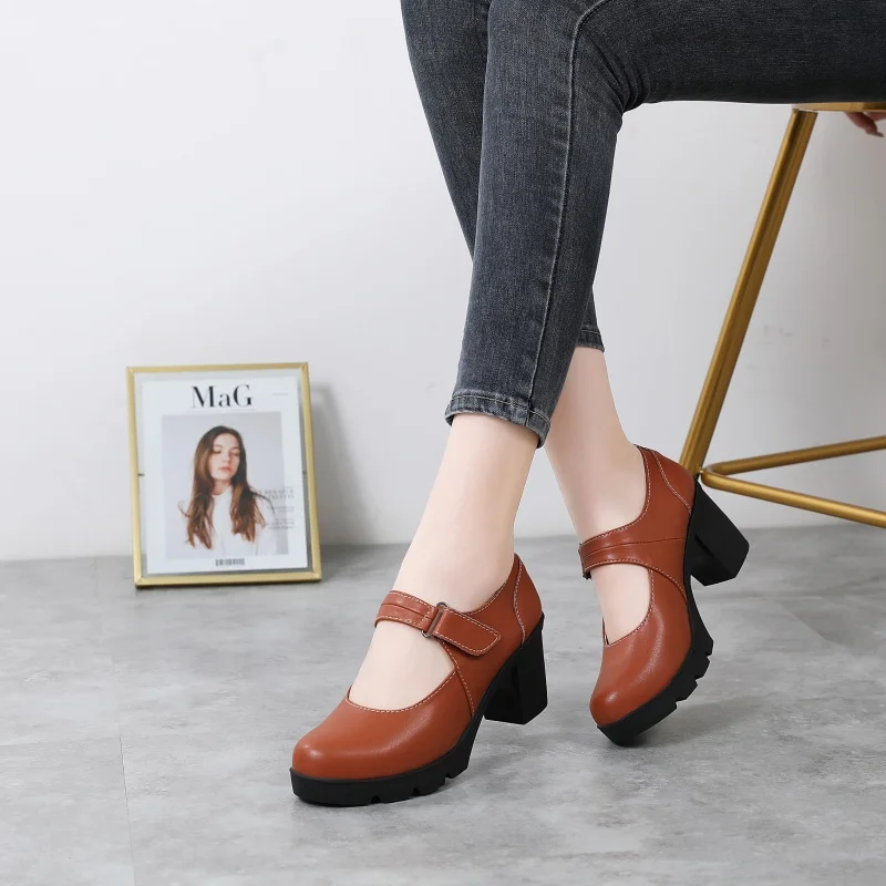 2024 New Styles Mary Janes  Women  Chunky Sole Shoes Fashion Ladies Round Toe High Heels Shoes women lace up office lady pump