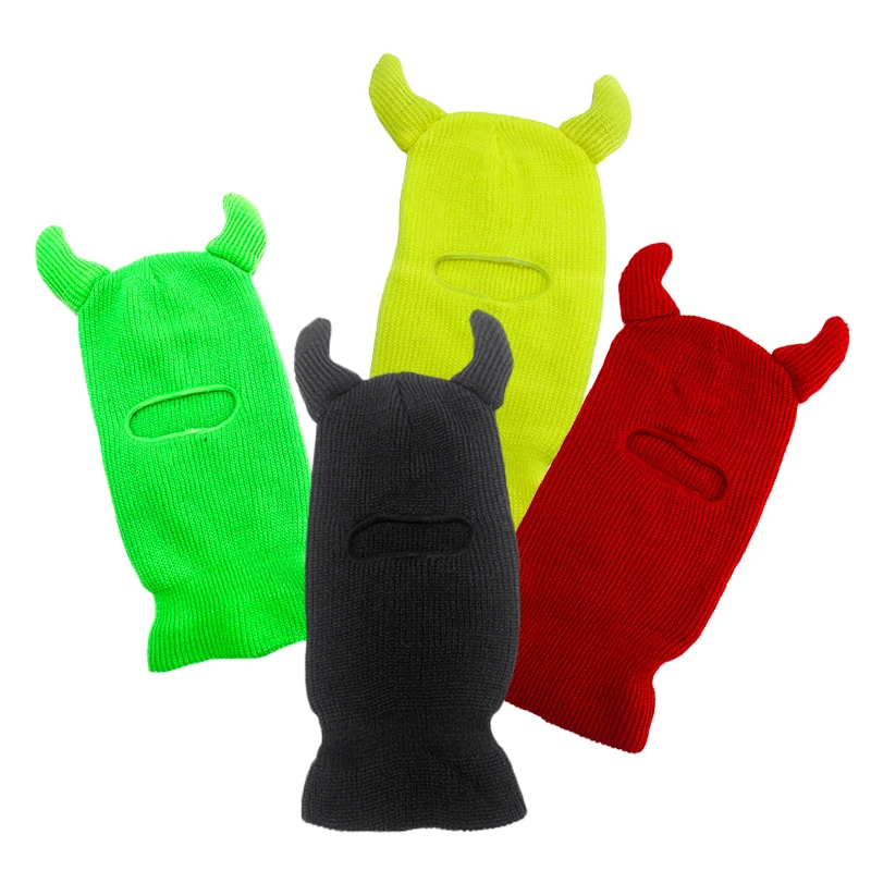 Winter Crochet Acrylic Knitted Funny Custom Balaclava Ski Mask Skimask Hat With Horns Ears For Men Women