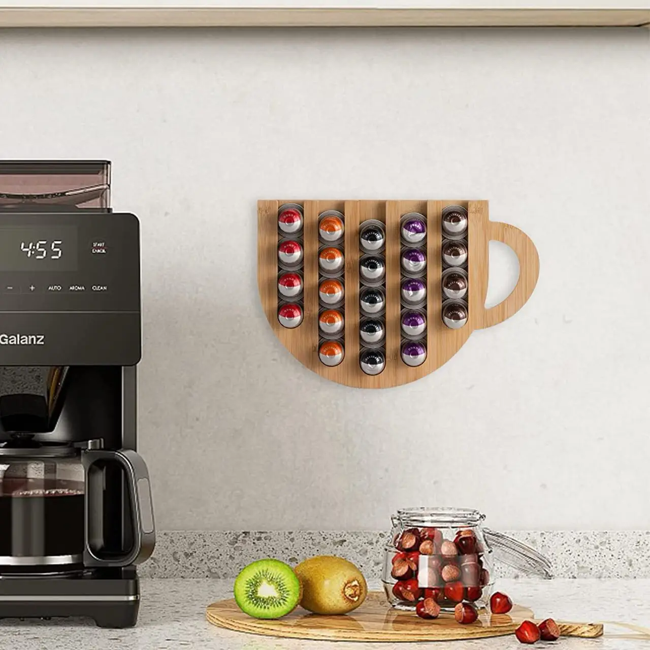 Wall Mounted Bamboo Coffee Pod Holder Organizer Wooden Storage Organizer Wall Mounted Coffee Capsules Holder for Kitchen Counter