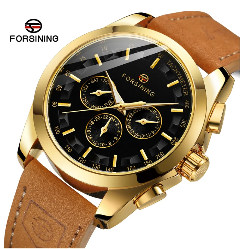 Часы наручные Forsining Мужские механические, автоматические военные повседневные водонепроницаемые деловые с золотистым корпусом, с коричневым кожаным ремешком, с черным циферблатом