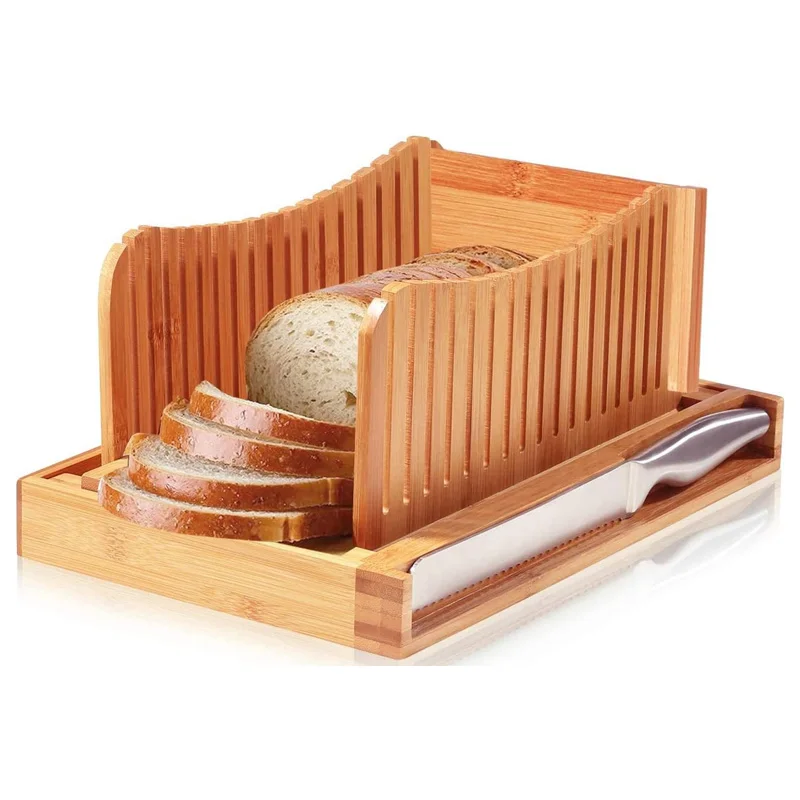 Bread Slicer Cutting Guide with Knife - 3 Thickness Size, Bamboo Foldable Compact Chopping Cutting Board with Crumb Tray