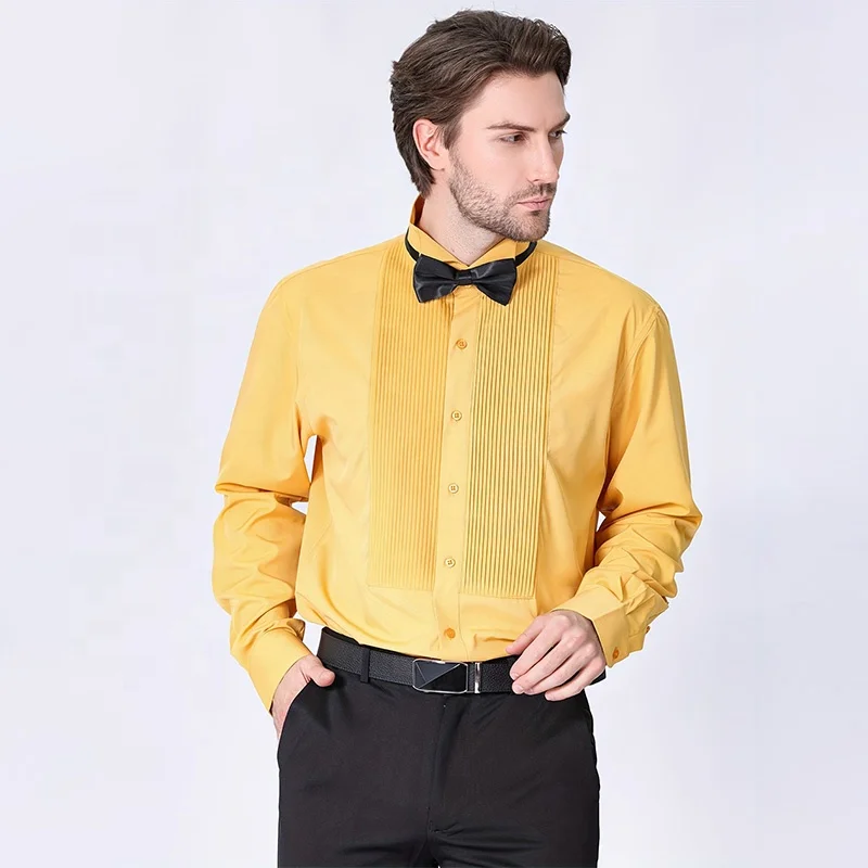Mens Ruffled Tuxedo Shirts Stretch French Bow Tie Pleated Tops Mandarin Collar Blouse Slim Fit Wedding Outfits Formal Shirt