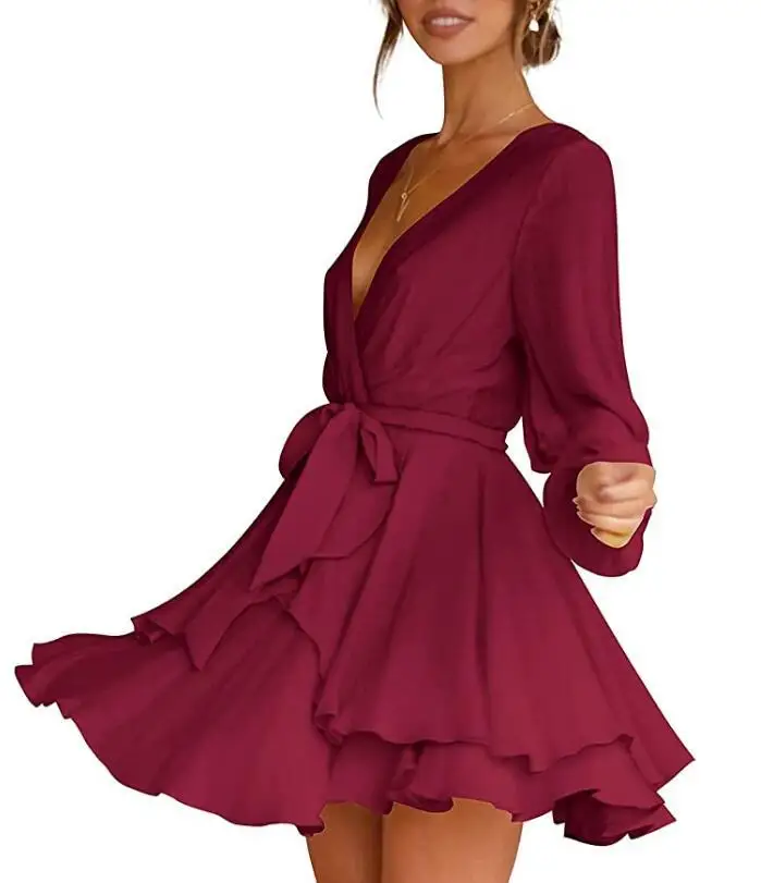 2022 Amzaon Hot Selling Summer Women Long Sleeve  Dress Casual Party Evening V Neck Waist Tie Ruffle Mini Swing Skater Dresses
